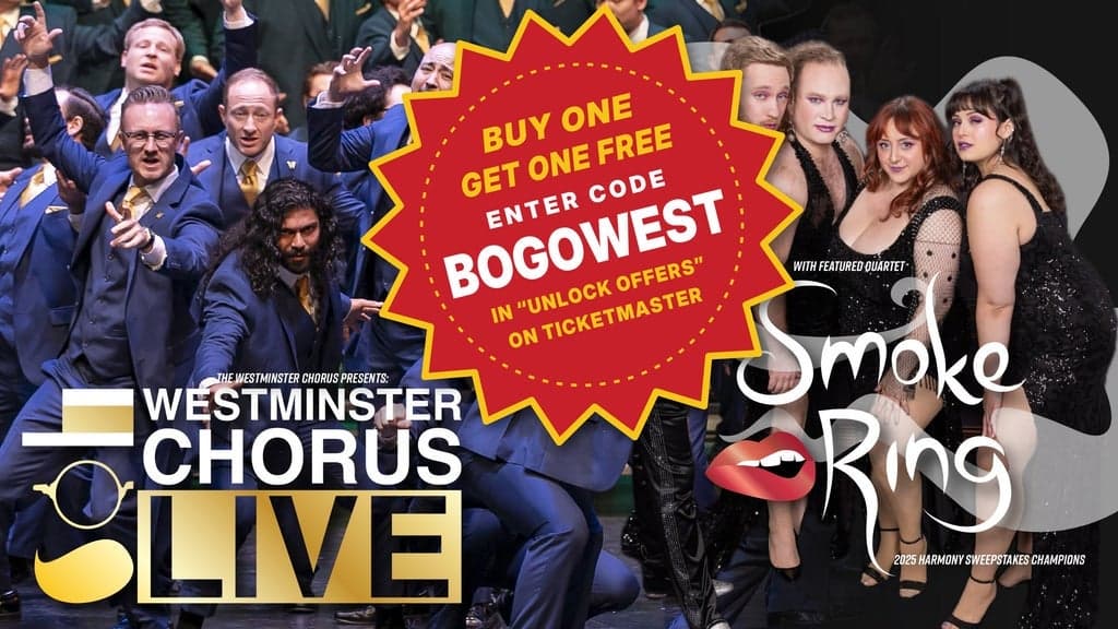 Promotional image for Westminster Chorus LIVE! with featured guest quartet Smoke Ring